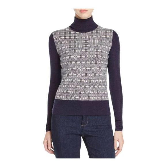 Tory Burch Navy Plaid Turtleneck Sweater Sabino Jacquard - Picture 1 of 14
